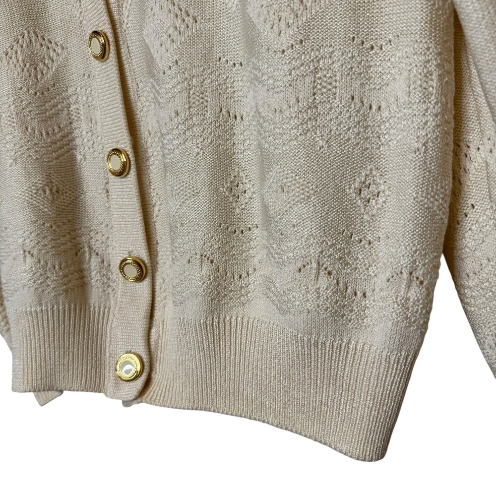 St. John Vintage Cardigan Balloon Sleeve Wool Blend Pointelle Knit Cream Large - Picture 2 of 10